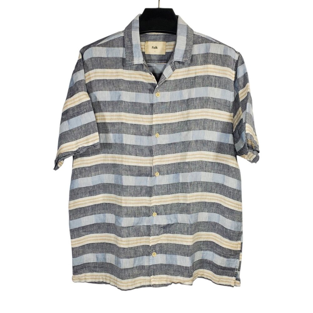 Folk Short Sleeve Button Up Shirt Men's L Gauzy Linen Cotton Blend Striped Gray
